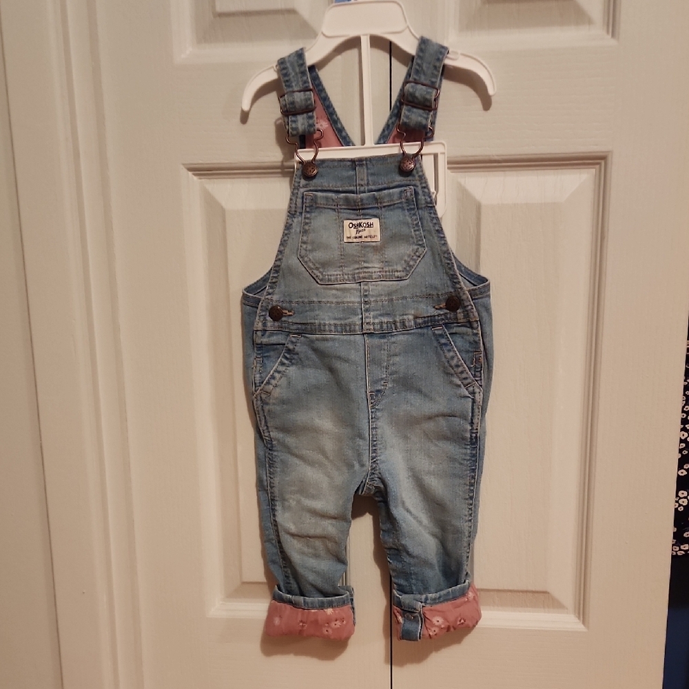 2/15$ OshKosh B'gosh Light Blue Denim Overalls with Pink Accents